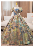 Vintage Court Retro Style Sweet 16 Quinceanera 3D Flowers Short-sleeved Evening Dress Long Ball Gown HZ1024