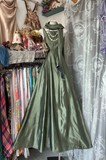 Vintage Green Satin Shawl Design Elegant A-line Long Evening Dress Prom Dresses HZ1024