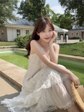 Simple Fashion White V-neck Design Lace A-line Spaghetti Strap Tiered Dress HZ1024