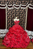 Vintage Red Sweetheart Sequin Strapless A-line 3D Flower Prom Dress Evening Gown HZ1024