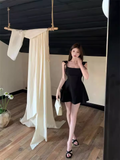 Simple Black Square Collar Design A-line Sleeveless Spaghetti Strap Puffy Dress HZ1024