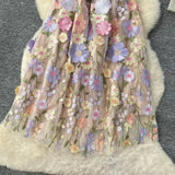 Fashion Summer Three-dimensional Flower Embroidery Waist Slimming Spaghetti Strap Dress HZ1024