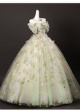 Elegant Light Green Tulle Floral Sweet 16 Quinceanera A-Line Off-the-shoulder Evening Dress Long Ball Gown HZ1024