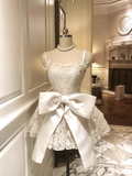 Vintage White Lace Bowknot Design Spaghetti Strap A-Line Homecoming Dress Party Dress Cocktail Dress HZ1024
