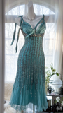 Elegant Blue Sparkling Beaded Spaghetti Strap V-neck Romantic Chiffon Evening Dress Prom Dresses HZ1024
