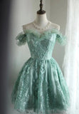Vintage Green Appliqued Lace-up A-line Off-the-shoulder Party Dresses Homecoming Dresses, HZ1024
