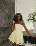 Vintage Faint Yellow Strapless A-Line Homecoming Dress Party Dress Cocktail Dress HZ1024