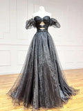 Black A-Line Off Shoulder Tulle Long Prom Dress, Black Formal Evening Dress HZ1024