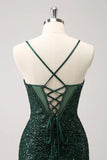 Vintage Dark Green Sequined Design A-line Spaghetti Strap Homecoming Dress HZ1024