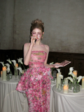 Vintage Pink Floral Strapless Mermaid Design Elegant Prom Dress Evening Dress HZ1024