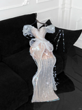 Vintage Sparkling Champagne Sequin Off-the-shoulder Sheath Elegant Chiffon Evening Dress Prom Dresses HZ1024