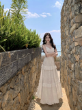 New Fashion White V-neck Tiered Dress Design Elegant A-line Spaghetti Strap Dress HZ1024