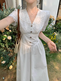 Simple Fashion White V-neck Design Elegant A-line Short-sleeved Dress HZ1024