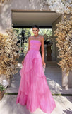 Vintage Hot Pink Strapless Long Prom Dress A-Line Ruffle Formal Dress HZ1024