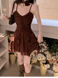 Sweet V-neck Irregular Ruffled Hem Design A-line Spaghetti Strap Dress HZ1024