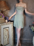 Vintage Light Green Off-the-shoulder Sparkling Beaded Design A-line Short Homecoming Dress HZ1024