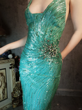Vintage Blue-green Spaghetti Strap Sparkling Beaded Tassel Design Sheath Short Homecoming Dress HZ1024