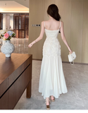 Simple White Three-dimensional Rose Embroidery Design Mermaid Sleeveless Spaghetti Strap Dress HZ1024