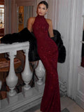 Burgundy Neck Strapless Sequined Skinny Mermaid Long Prom Dresses HZ1024