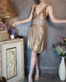 Retro Golden V-neck Sparkling Beaded Sequin Design A-line Short Homecoming Dress HZ1024