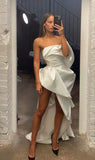 Vintage White Satin A-Line Irregular Hem Homecoming Dress Strapless Party Dress Cocktail Dress HZ1024