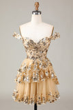 Vintage Golden Off-the-shoulder Design Short Evening Dress, A-line Sequins Corset Tiered Lace Homecoming Dress HZ1024