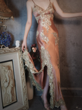 Vintage Champagne Sparkling Beaded Spaghetti Strap Design Elegant Satin Evening Dress Prom Dress HZ1024