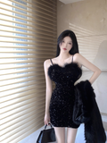 Vintage Black Sequin Bodycon Design A-line Spaghetti Strap Homecoming Dress HZ1024