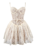 Vintage White Lace Embroidery Spaghetti Strap Design A-line Party Dress Homecoming Dress HZ1024