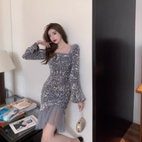 Vintage Elegant Sequins Design A-Line Square Neckline Mermaid Long-sleeved Dress HZ1024