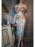 Vintage Floral Off-the-shoulder Sweetheart Design Elegant Satin Evening Dress Prom Dress HZ1024