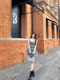 Vintage Ruffled Hem Design A-line High-waist Sleeveless Spaghetti Strap Denim Dress HZ1024
