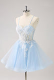 New Fashion Light Blue Flower Embroidery Design A-line Spaghetti Strap Homecoming Dress HZ1024