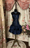 Vintage Navy Blue Beading Strapless A-line Satin Short Homecoming Dresses HZ1024