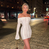 Vintage White Lace Off-the-shoulder Sheath Long-sleeved Short Summer Dresses Party Dress Homecoming Dress HZ1024