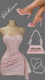Chic Shiny Pink Sequin Homecoming Dress Strapless Party Dress Short Sheath Cocktail Dress HZ1024