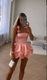 Vintage Pink Satin Short A-Line Party Dress Cocktail Dress Homecoming Dress HZ1024