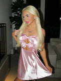 Vintage Pink Unique Bow Strapless Short A-Line Satin Party Dress Cocktail Dress Homecoming Dress HZ1024