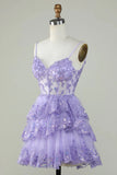 Charming Lilac Lace Sequined Appliqued Design A-line Mini Spaghetti Strap Homecoming Dress HZ1024