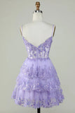 Charming Lilac Lace Sequined Appliqued Design A-line Mini Spaghetti Strap Homecoming Dress HZ1024