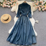 Vintage Embroidery Design Sense high-end Elegant Long Single-breasted Denim Dress HZ1024