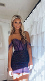 Vintage Purple Beaded Sweetheart Off-the-shoulder Sheath Homecoming Dress Party Dress Cocktail Dress HZ1024