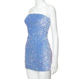 Retro Sparkling Blue Strapless Sequin Design Bodycon Party Dress Homecoming Dress HZ1024