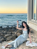 Vintage Sage Green Ruffle Mermaid Satin Long Prom Dress Party Dress Evening Dress HZ1024