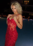 Vintage Shiny Sequined Red Mermaid Lace Applique Spaghetti Strap Long Prom Dress Evening Dress HZ1024