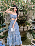 New Fashion Blue Floaral Design A-Line Spaghetti Strap Dress HZ1024
