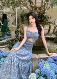 New Fashion Blue Floaral Design A-Line Spaghetti Strap Dress HZ1024