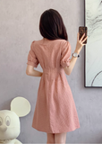 Vintage Simple Pink Plaid Elegant Design Short Sleeves Women Dress HZ1024