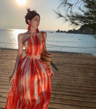 Bohemian Style Women Unique Design Sense Red A-Line Halter Dress HZ1024