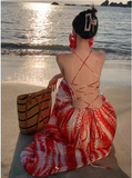 Bohemian Style Women Unique Design Sense Red A-Line Halter Dress HZ1024